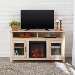 58" Transitional Fireplace Glass Wood TV Stand - White Oak 