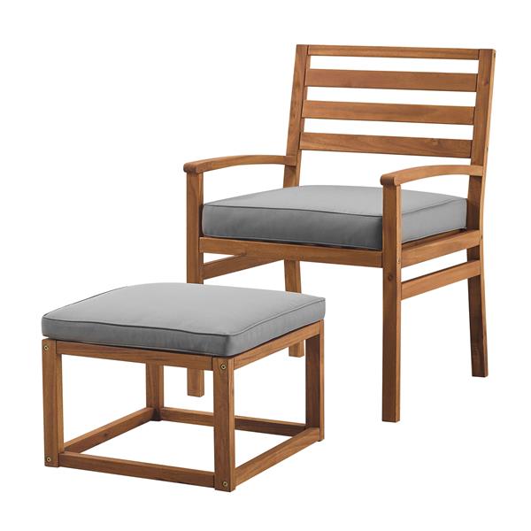 Acacia Wood Outdoor Patio Chair & Pull Out Ottoman - Brown & Grey 