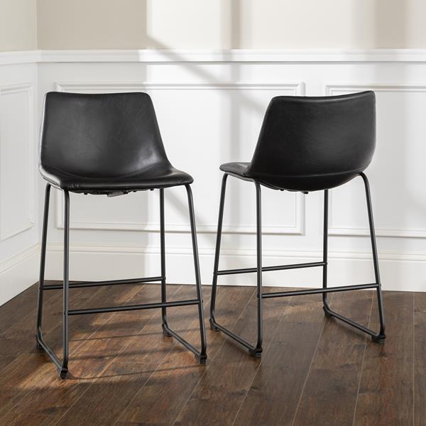 26 inch Industrial Faux Leather Counter Stools, Set of 2 - Black 