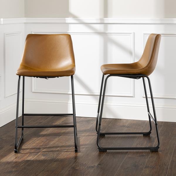 26" Industrial Faux Leather Counter Stool, Set of 2- Whiskey Brown 