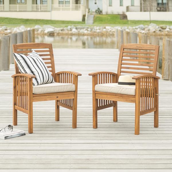 Acacia Wood Outdoor Patio Chairs with Cushions, Set of 2 - Brown  