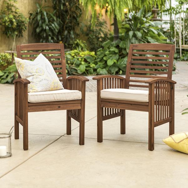 Acacia Wood Outdoor Patio Chairs with Cushions, Set of 2 - Dark Brown  