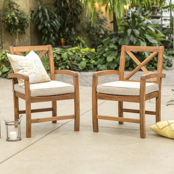 Acacia Wood X-Back Outdoor Patio Chairs with Cushions, Set of 2 