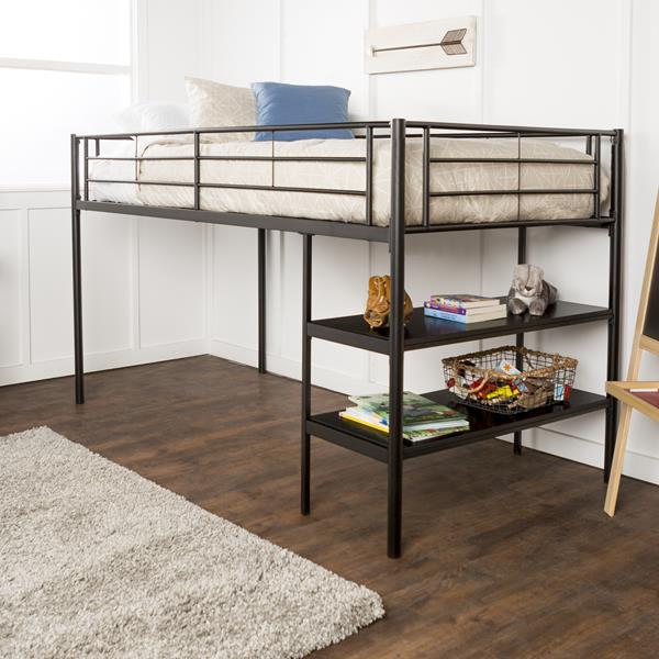 Premium Metal Twin Low Loft Bed with Desk - Black 