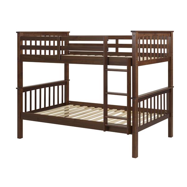 Solid Pine Wood Twin Over Twin Bunk Bed - Walnut 