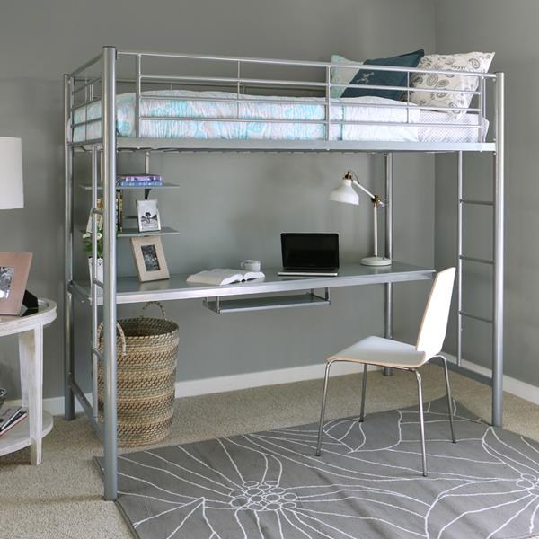 Premium Metal Twin Loft Bed with Workstation- Silver 
