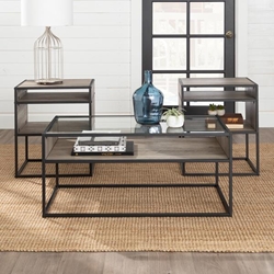 3-Piece Metal & Glass Accent Table Set - Grey Wash 