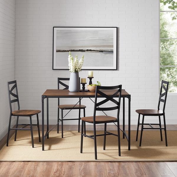 5-Piece Angle Iron Dining Set With X Back Chairs- Dark Walnut 